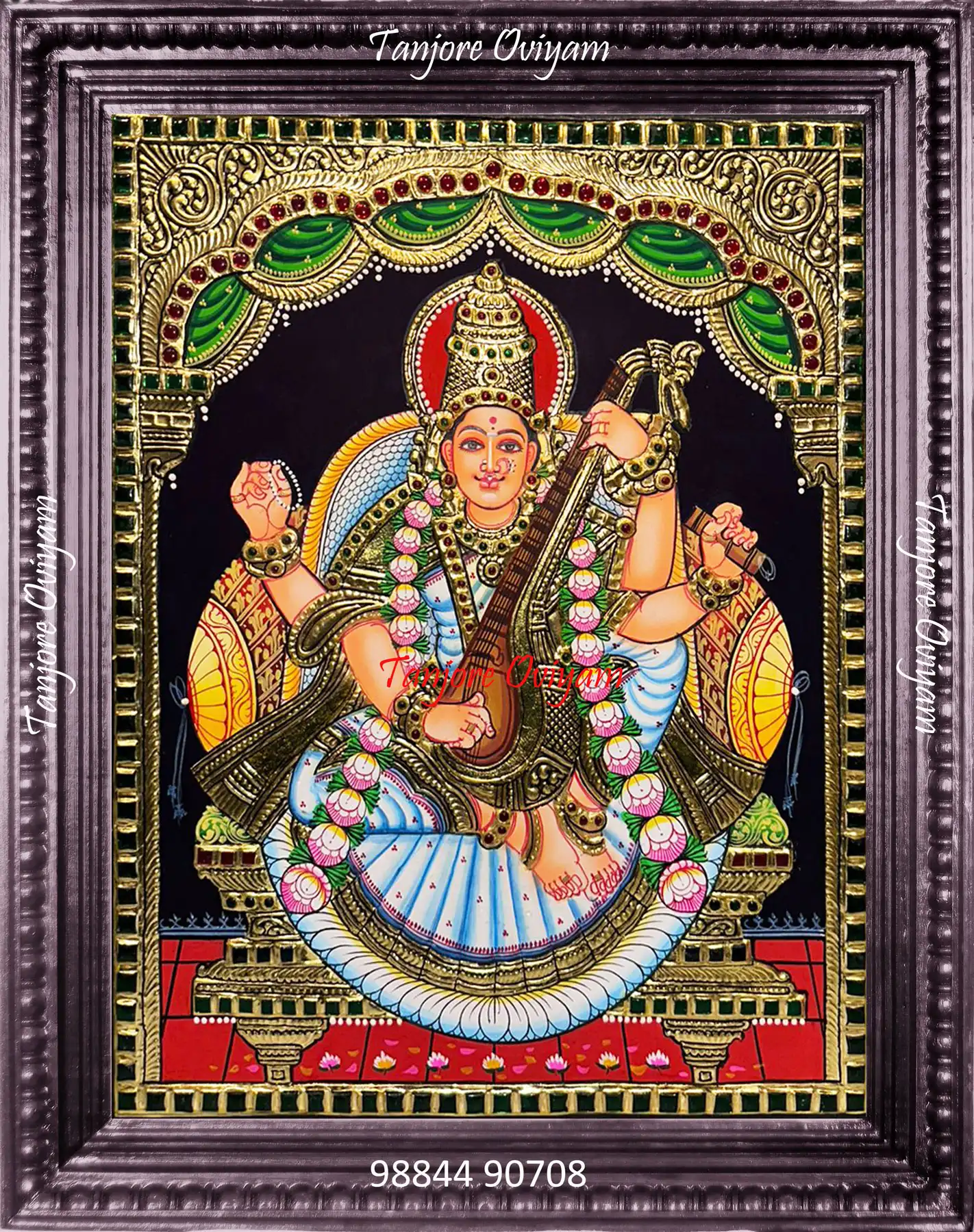 Saraswathi Devi with garland Tanjore painting holding veena with gold foil work